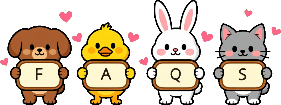 Puppy duckling bunny and kitten each holding a letter spelling FAQS
